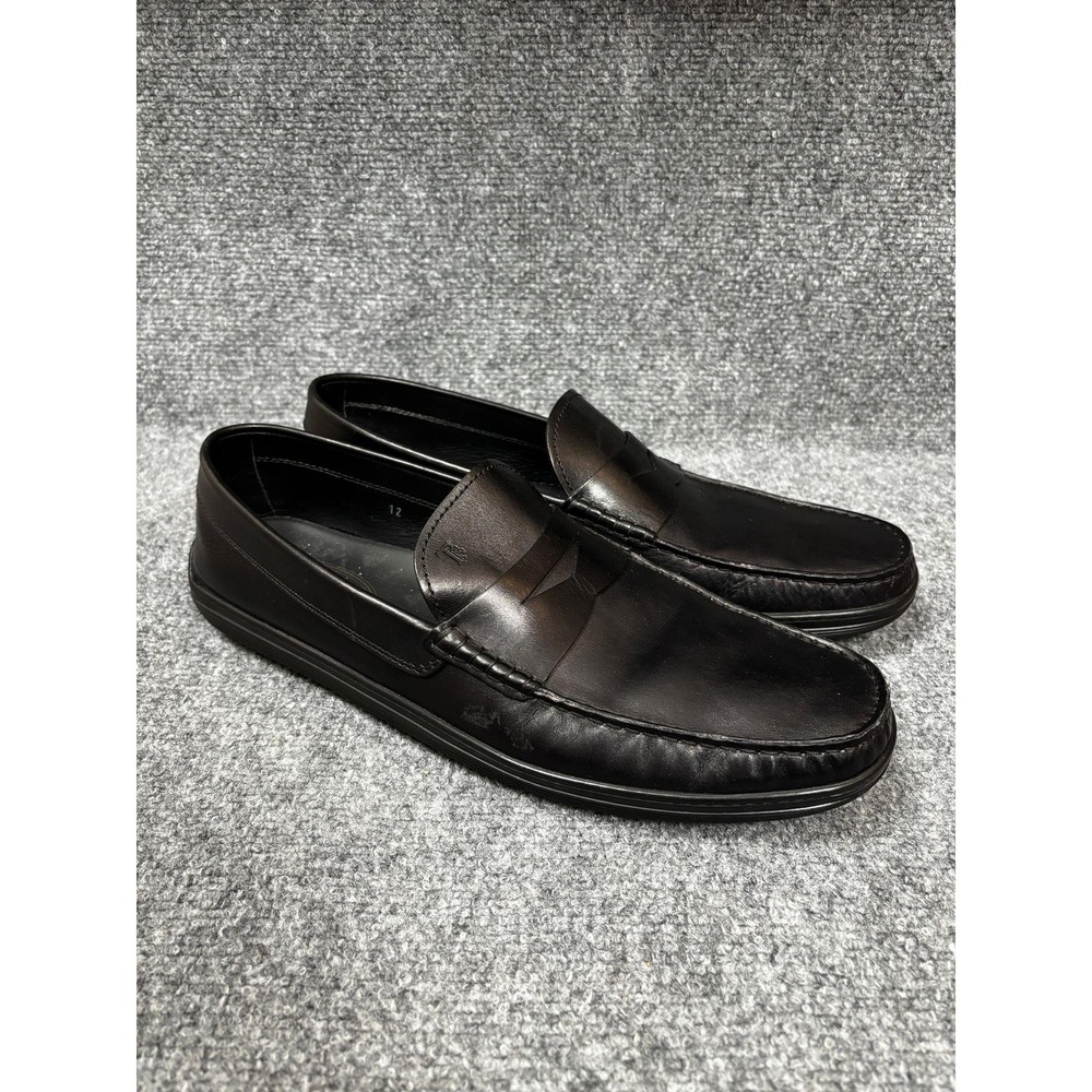 Tods Mens Black Leather Penny Loafers Slip On Rubber Sole 12 Made in Italy - Picture 3 of 9